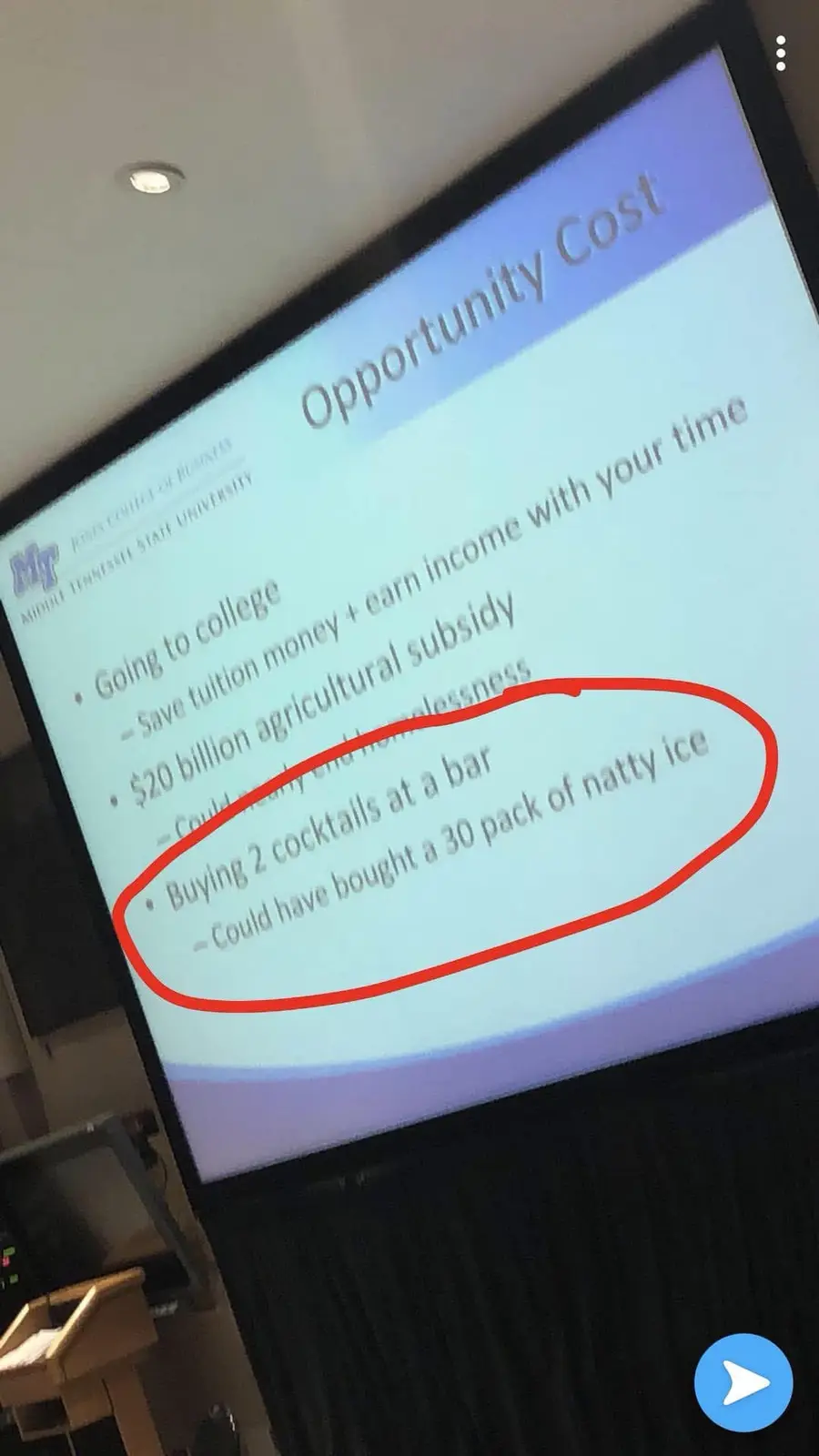 A presentation slide from Middle Tennessee State University's Jones College of Business titled 'Opportunity Cost' lists…
