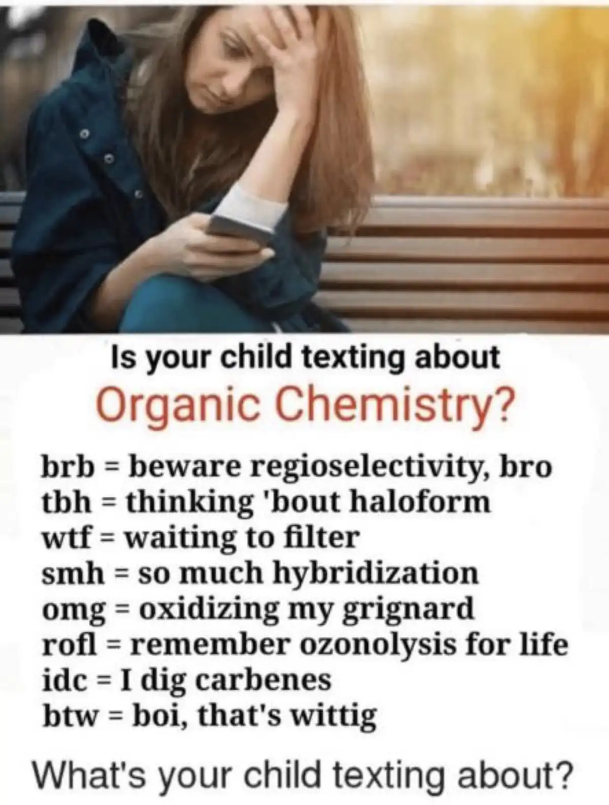 A woman sits on a bench looking distressed while holding a phone, overlaid with text humorously decoding common texting…
