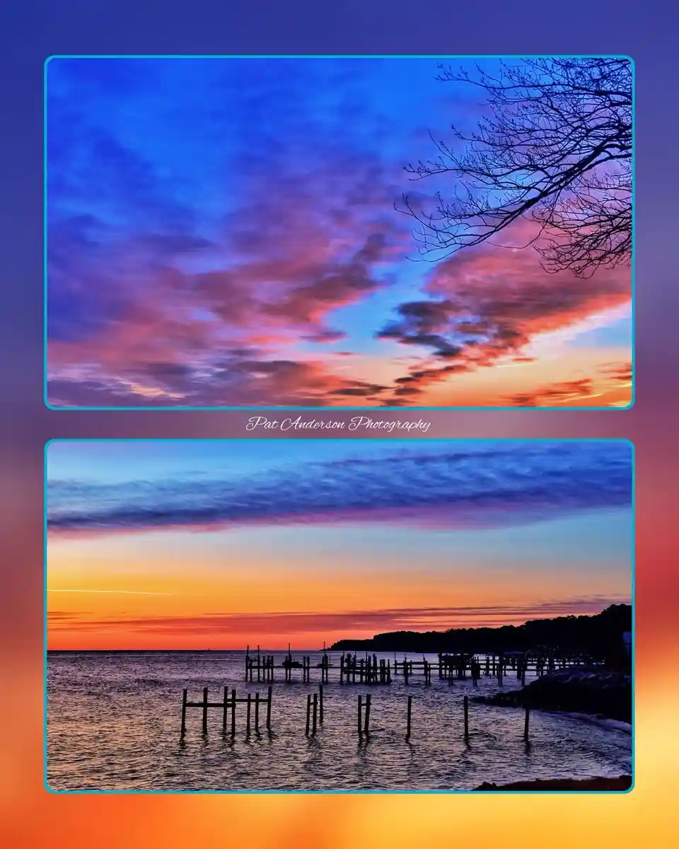 Two stacked landscape photos show vibrant sunset skies with blue, purple, and orange clouds. The top image features bare…