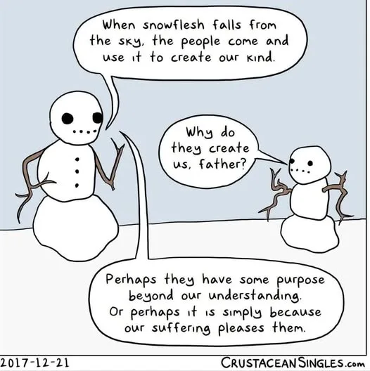 A black-and-white comic strip featuring two snowmen. The taller snowman, presumably the father, explains to a smaller…