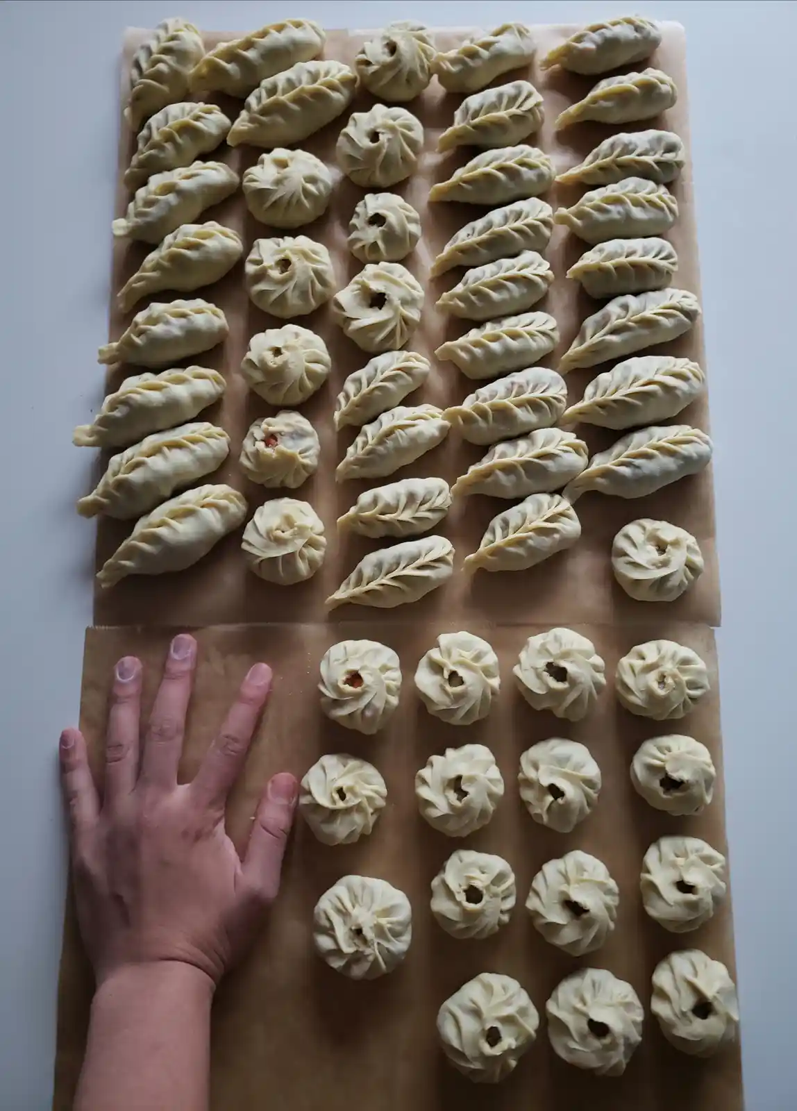 An overhead photo shows a person's left hand placed beside two sheets of brown parchment paper, each covered with neatly…