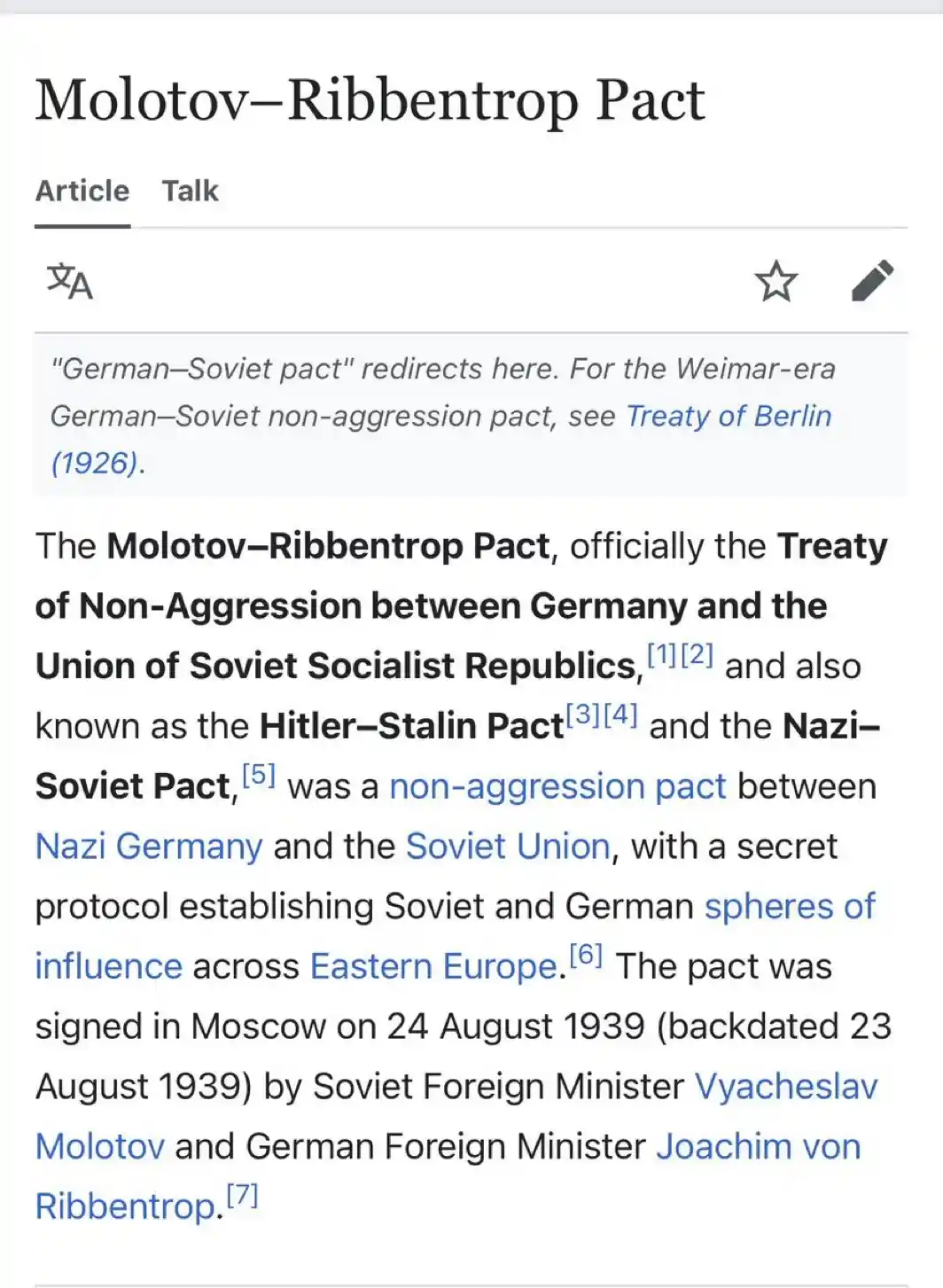 This image is a screenshot of a Wikipedia article titled 'Molotov-Ribbentrop Pact'. The text describes the historical treaty…