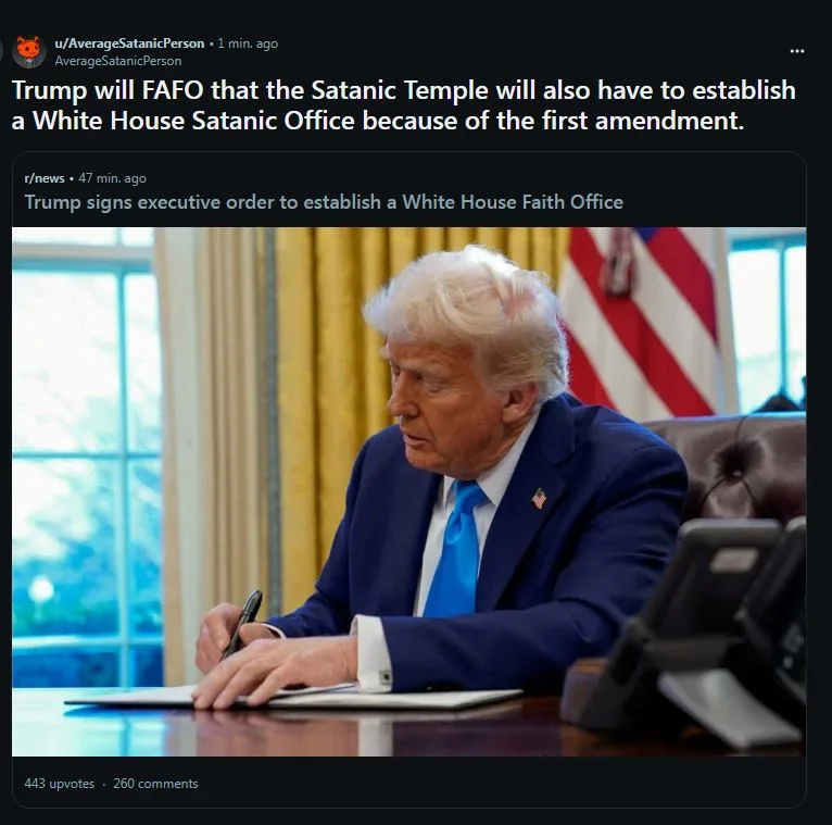 A screenshot of a Reddit post shows Donald Trump seated at a desk in the Oval Office, signing a document. The post's title…