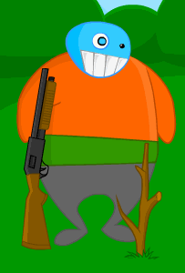 A cartoon character with a large blue head, wide grin, orange shirt, and gray pants holds a shotgun while standing next to a…