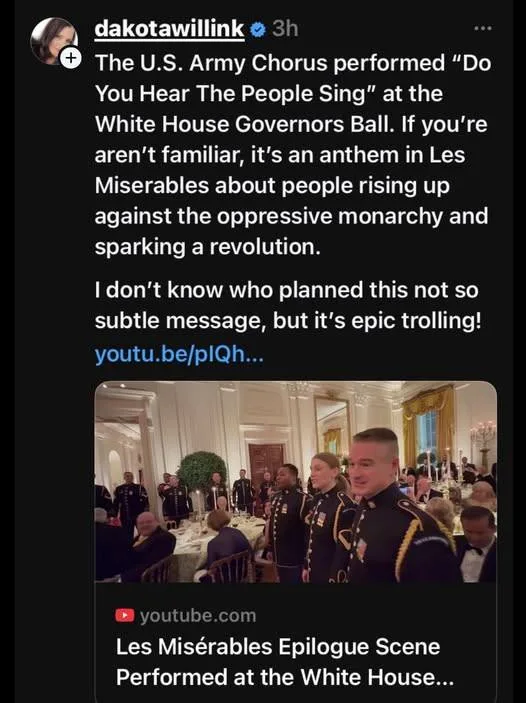 A screenshot of a social media post showing a photo of U.S. Army Chorus members in formal dress uniforms performing at a…