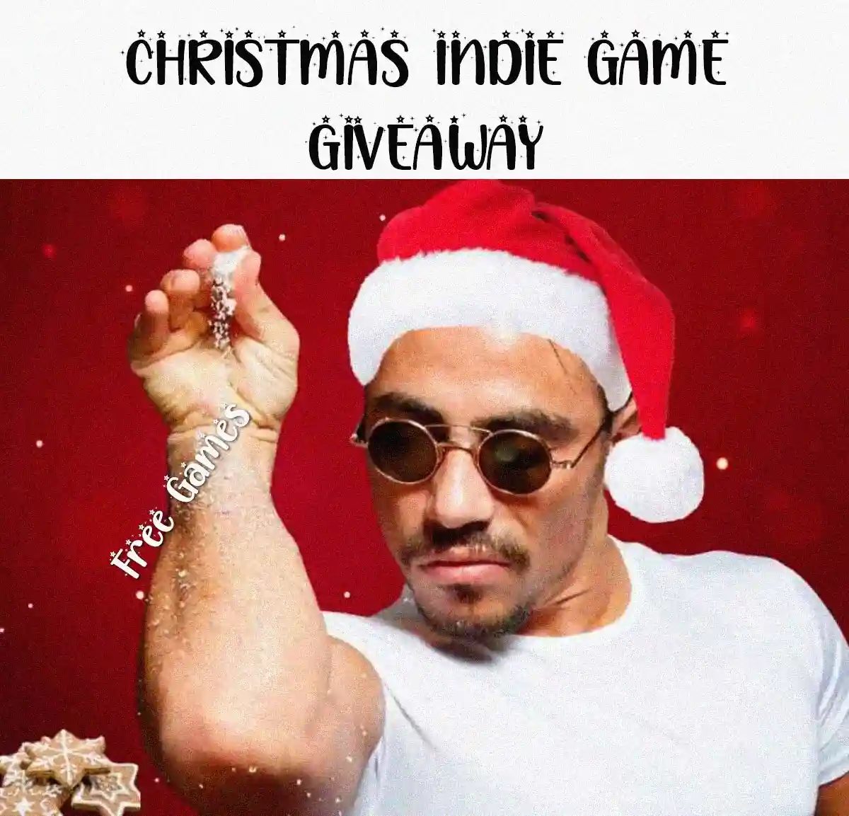 A man wearing a red and white Santa hat and round sunglasses holds glittering snowflakes in his hand against a red…