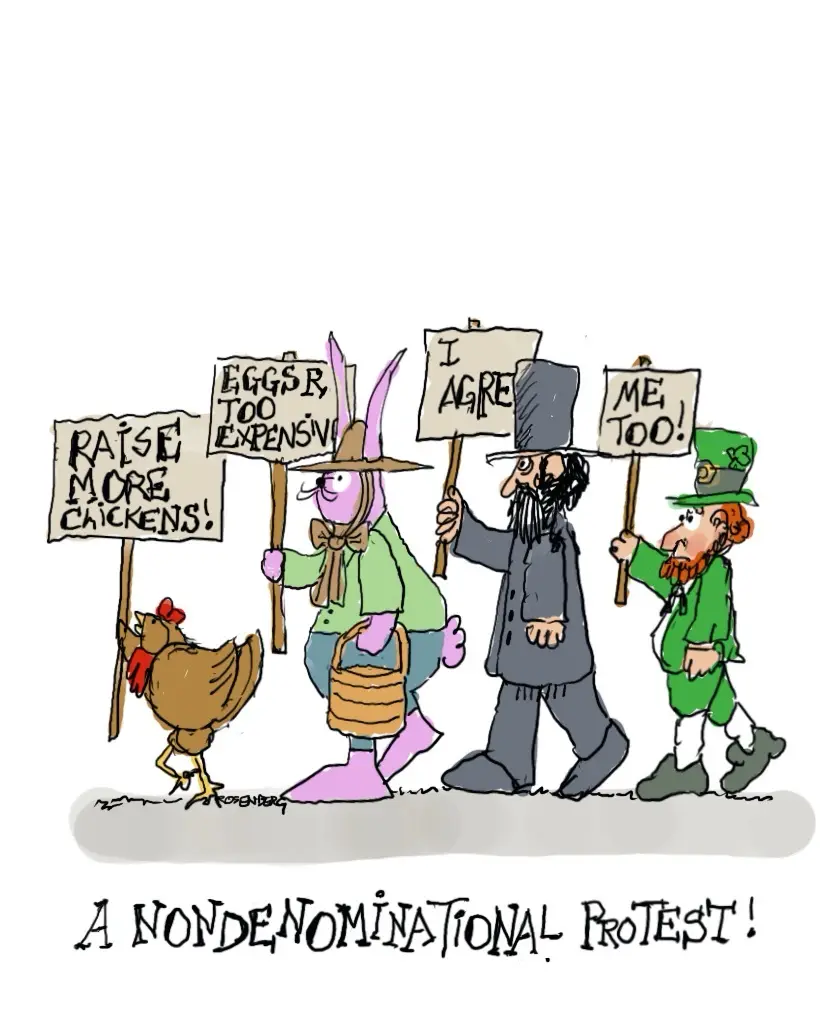 A cartoon depicts four characters — a chicken, a bunny, a man in a top hat, and a leprechaun — marching in a line while…