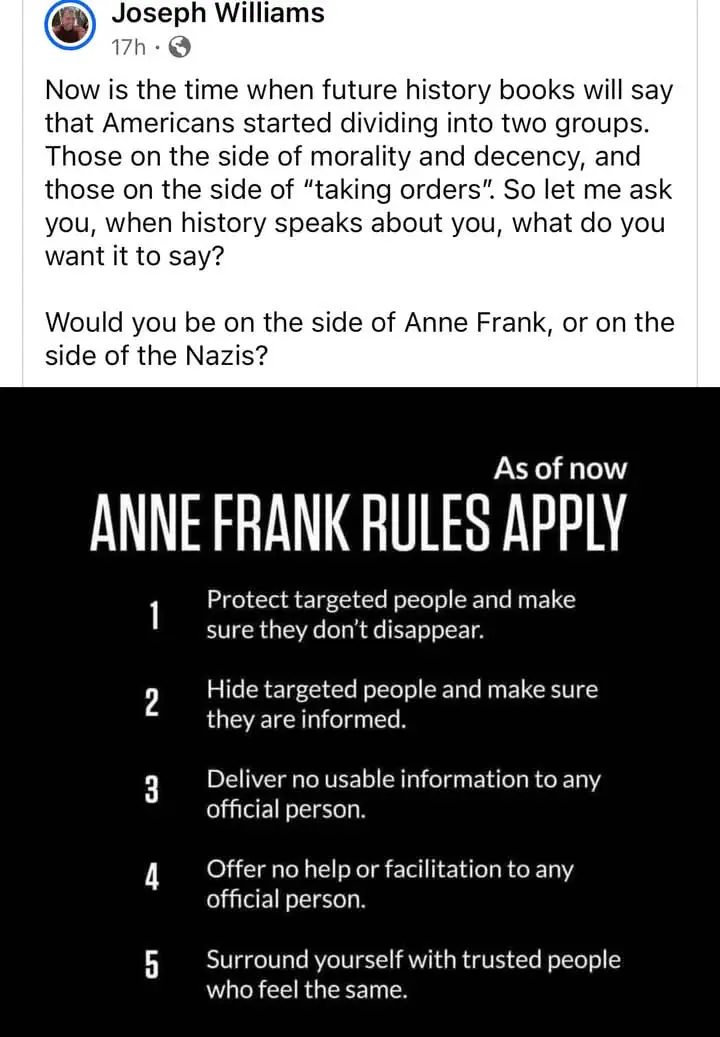 A screenshot of a Facebook post by Joseph Williams asking if people would choose Anne Frank or the Nazis, followed by a…