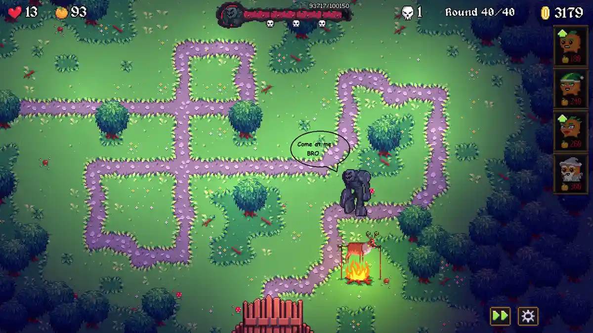 A pixel art game screenshot shows a large, dark, hulking monster standing on a winding purple path in a green field, with a…