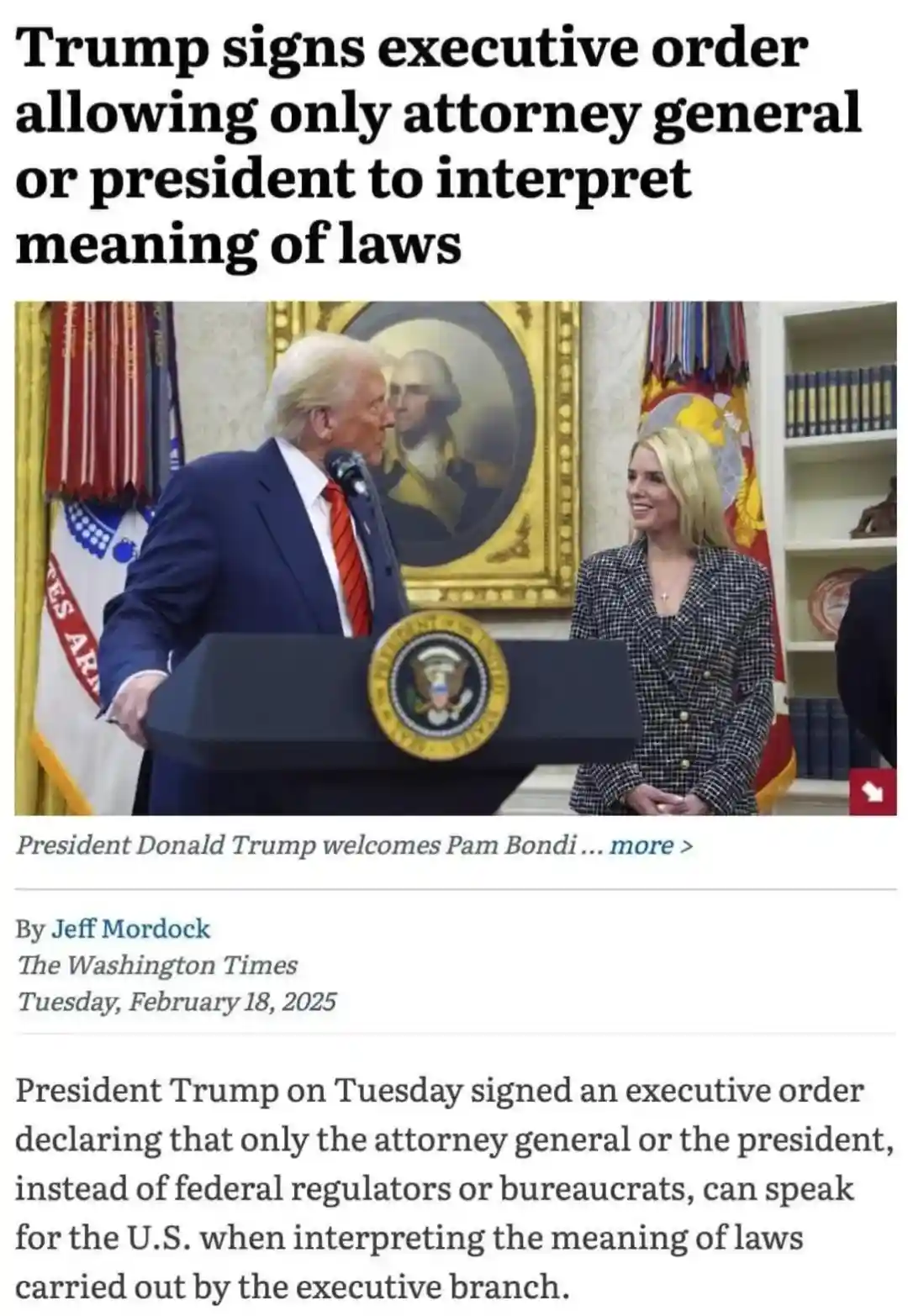 A screenshot of a news article from The Washington Times dated February 18, 2025, shows President Donald Trump at a podium…