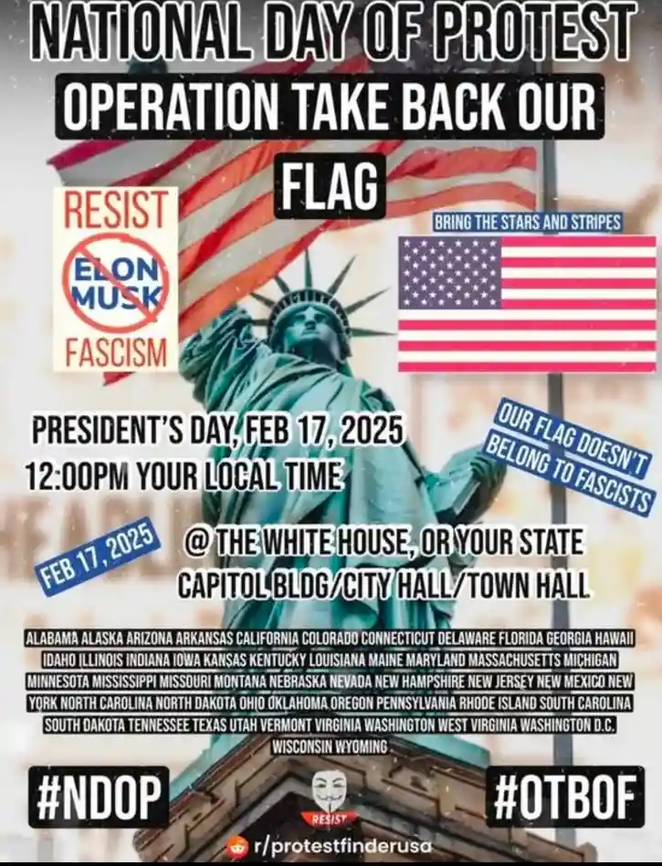 A protest flyer features the Statue of Liberty holding a U.S. flag, with text calling for 'Operation Take Back Our Flag' on…