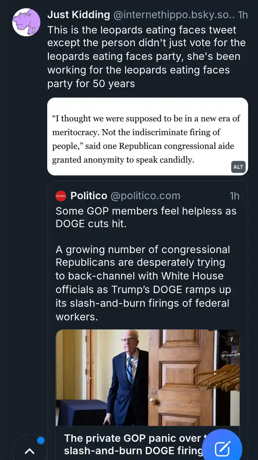 A screenshot of a social media thread shows a Politico tweet about GOP members panicking over Trump's 'DOGE' firing spree…