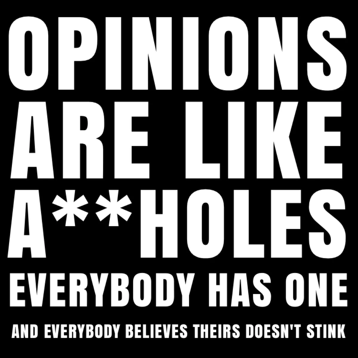 A black background with large white text that reads 'OPINIONS ARE LIKE A***HOLES EVERYBODY HAS ONE AND EVERYBODY BELIEVES…