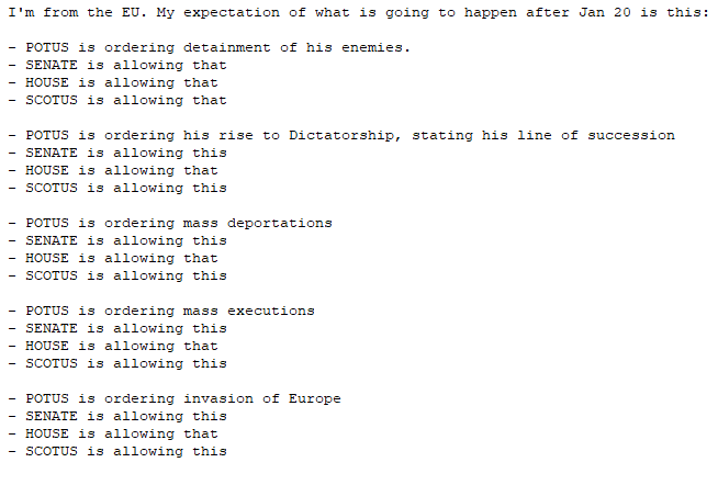 A white text overlay on a plain white background lists a fictional EU citizen's exaggerated expectations for U.S. political…