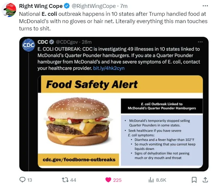 A screenshot of a CDC tweet showing a 'Food Safety Alert' about an E. coli outbreak linked to McDonald's Quarter Pounder…