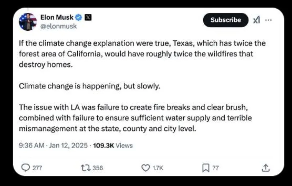 A screenshot of a tweet from Elon Musk's X account, presented as if it were a YouTube video thumbnail with a 'Subscribe'…