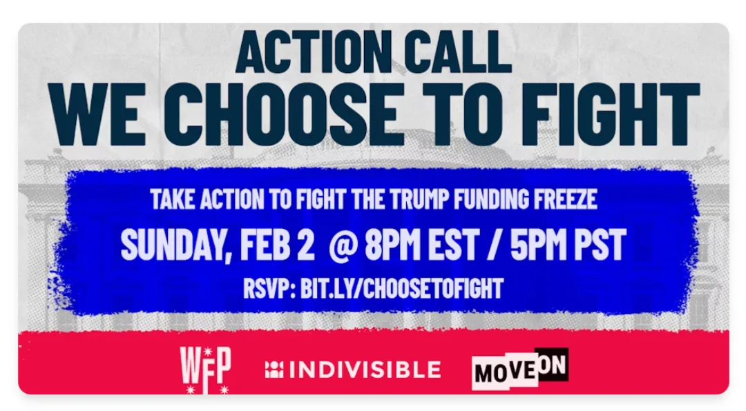 A political action call graphic with bold text reading 'ACTION CALL WE CHOOSE TO FIGHT' and a blue banner urging people to…