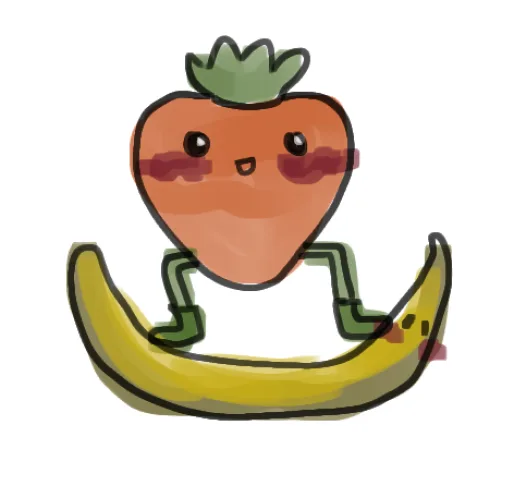 A cartoon carrot with a smiling face and rosy cheeks is sitting inside a banana peel, which is drawn with a simple…