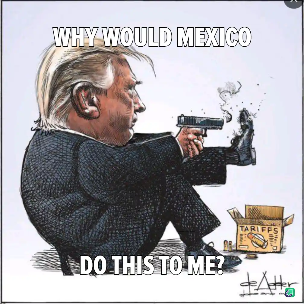A cartoon depicts a caricature of Donald Trump sitting down, holding a handgun and firing it at his own boot. A box labeled…