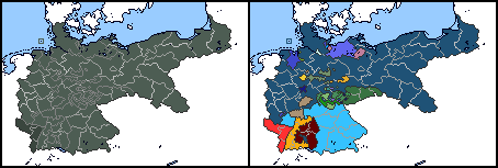 Two side-by-side maps of Germany. The left map shows a dark gray Germany. The right map shows the same country with a small…