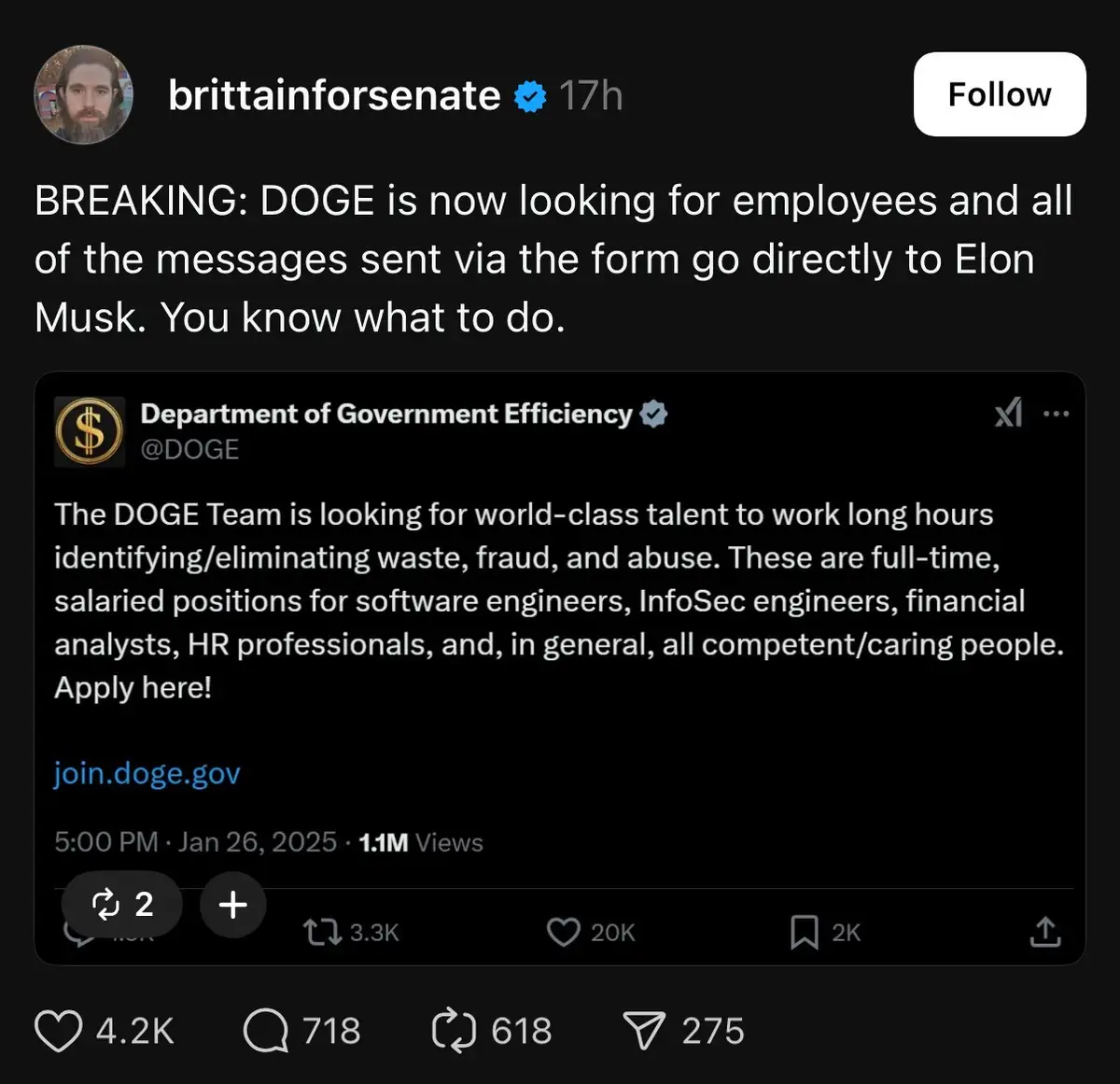 A screenshot of a tweet from 'brittainforsenate' reposting a tweet from 'Department of Government Efficiency' (@DOGE) that…