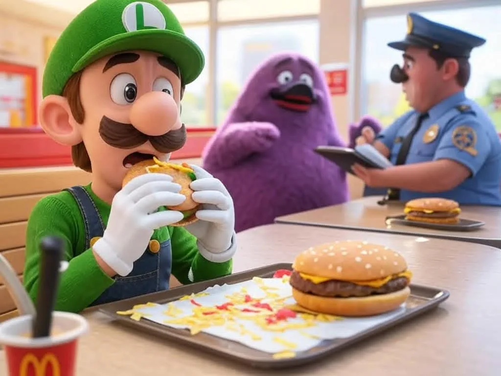 Luigi from Mario games is shown in a McDonald's restaurant, enthusiastically eating a burger while crumbs and cheese litter…