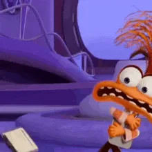 A sequence of six frames shows an orange, cartoonish character with wild hair and a striped shirt, initially holding a book…