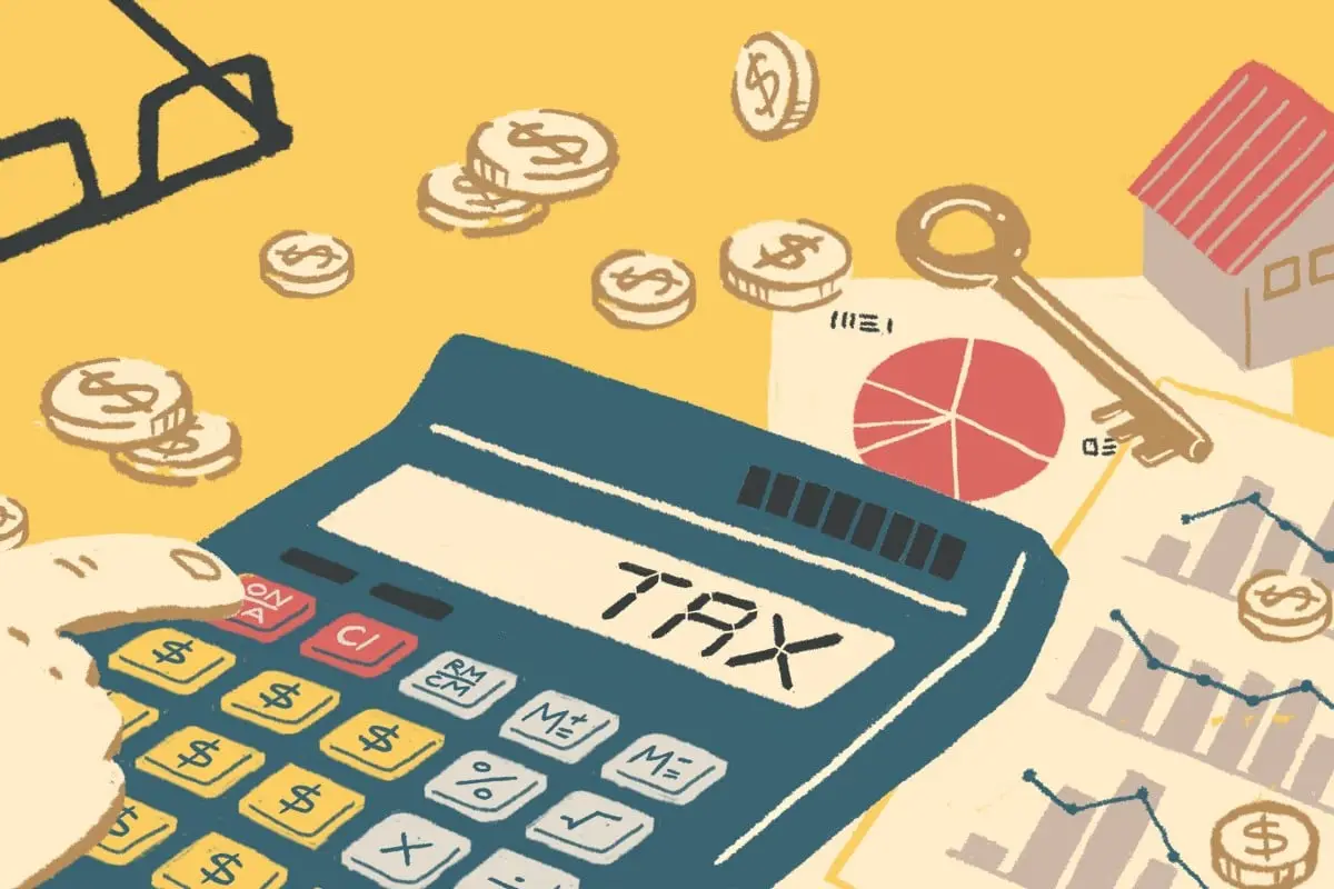 An illustrated image shows a hand pressing buttons on a calculator whose display reads 'TAX'. Surrounding the calculator are…