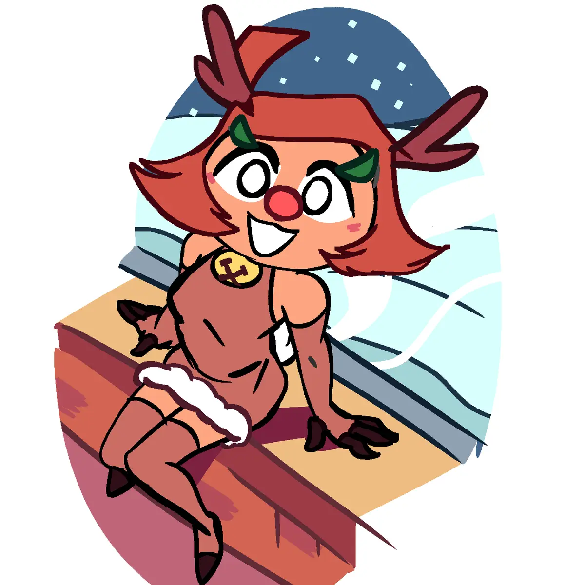 A cartoon reindeer character with red fur, green leaf-like ears, and a red nose sits cheerfully on a wooden ledge against a…