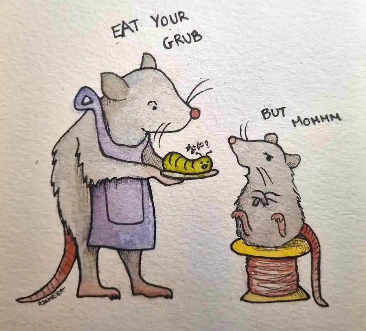 A cartoon illustration shows a larger mouse in a purple apron holding a plate with a yellow caterpillar on it, saying 'EAT…