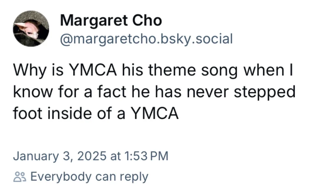 A screenshot of a social media post by Margaret Cho, showing her profile picture and the text 'Why is YMCA his theme song…