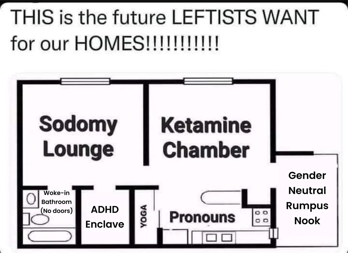 A black-and-white floor plan of a home with absurdly labeled rooms including 'Sodomy Lounge', 'Ketamine Chamber', 'Woke-in…