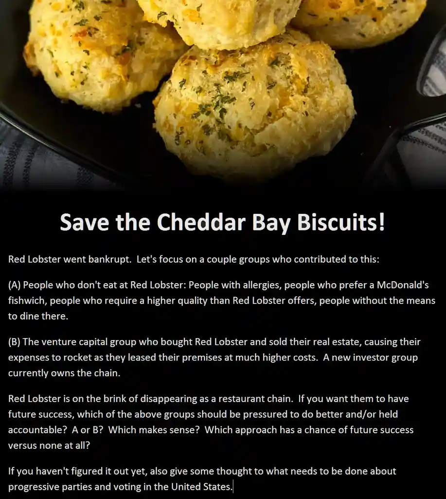 The image shows a close-up of golden-brown cheddar bay biscuits on a black plate, with overlaid text that sarcastically…