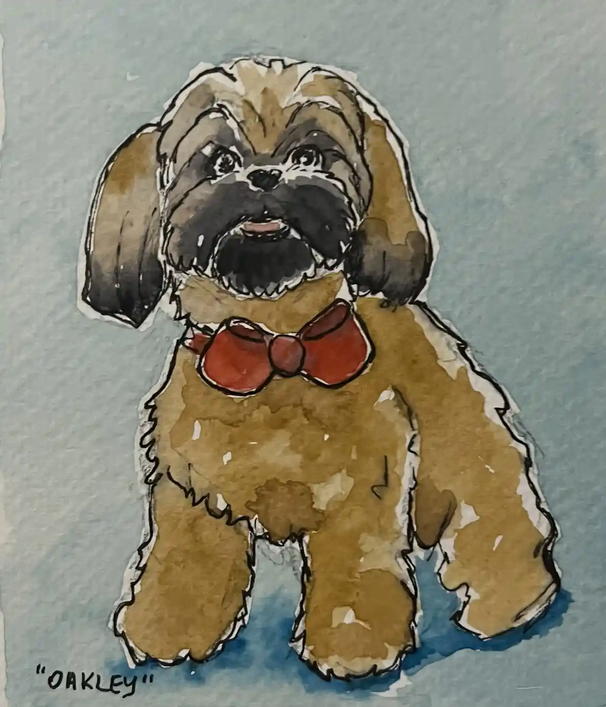 A watercolor painting of a fluffy, tan and black dog with long ears and a red bow tie, sitting upright against a light blue…