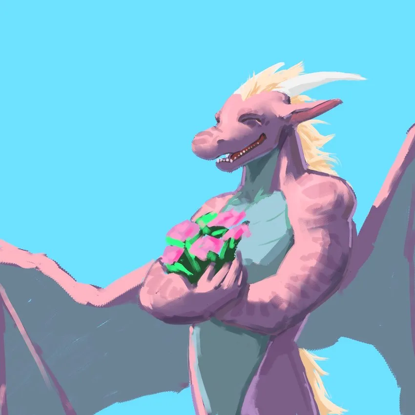 A pink, muscular dragon with blonde hair and wings holds a bouquet of pink flowers against a solid blue background, smiling…