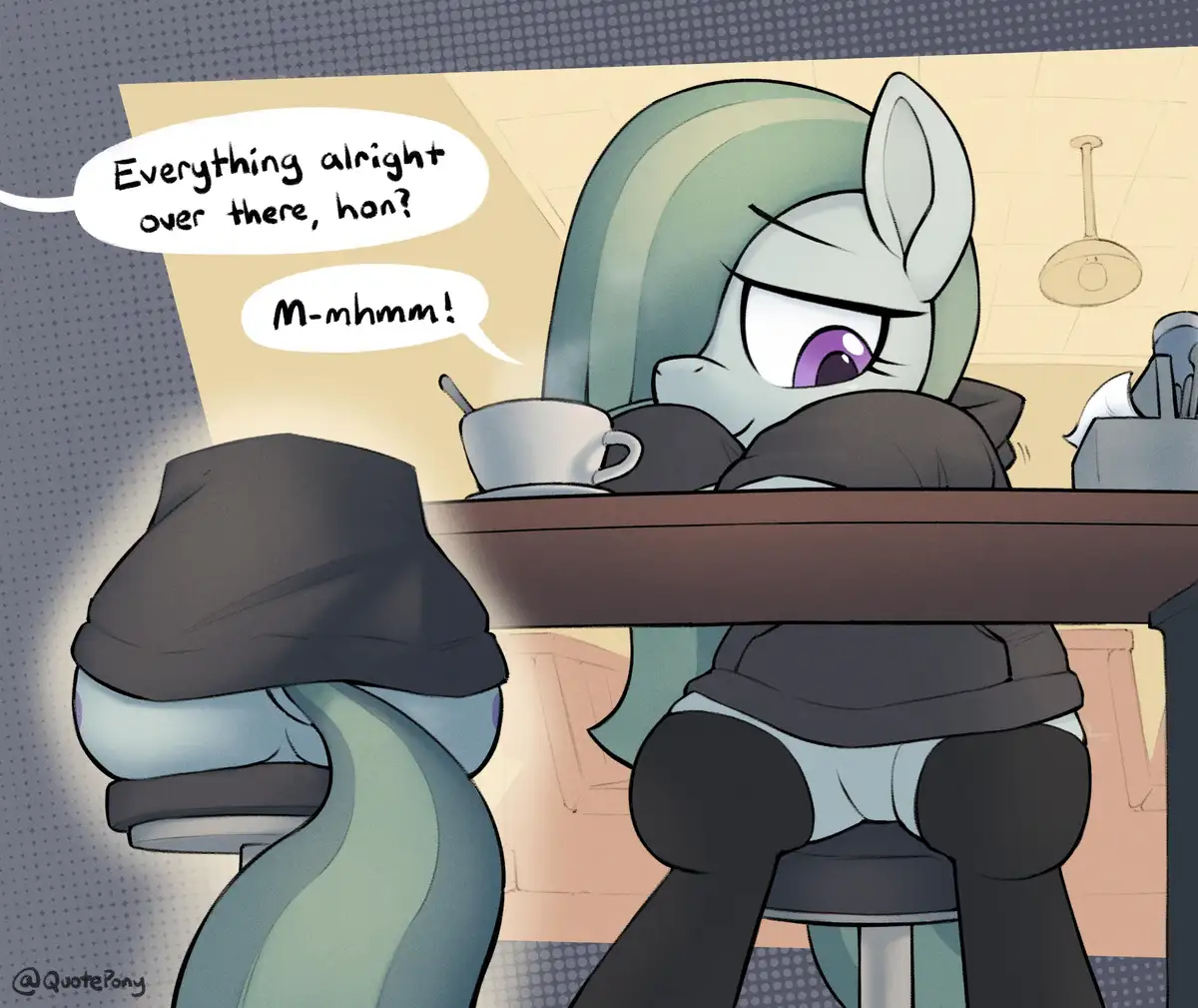 Two pony characters sit at a counter, both wearing dark hoodies that completely obscure their faces. The pony on the right…