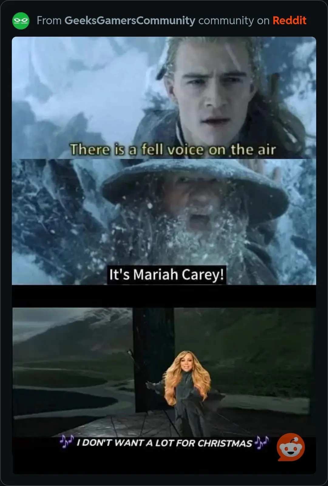 The meme features three panels: the first shows Legolas from Lord of the Rings looking concerned with text 'There is a fell…