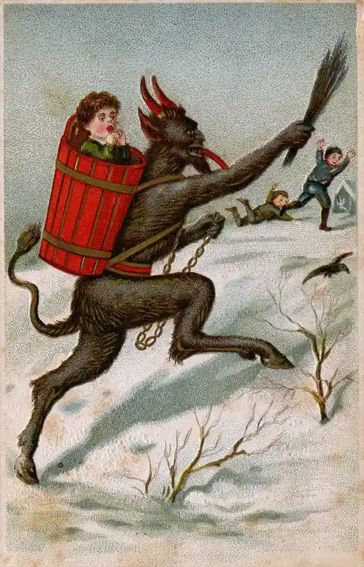A vintage illustration shows a horned, demonic figure with a red tongue, carrying a terrified child in a red wooden barrel…