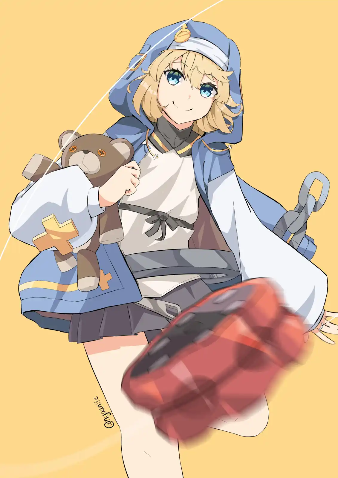 An anime-style illustration shows a young woman with blonde hair and blue eyes wearing a blue and white nurse's uniform with…