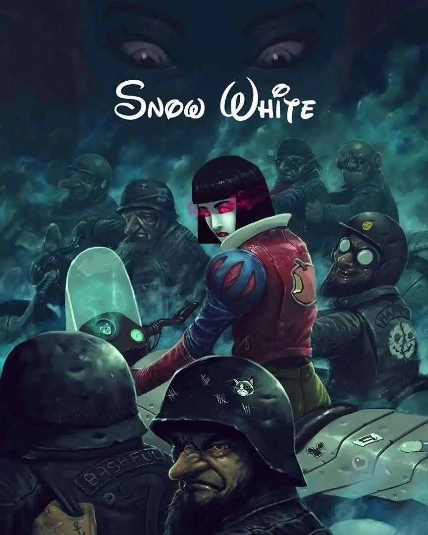 A dark, stylized illustration depicts a character resembling Snow White with a black bob haircut, red eyes, and a…