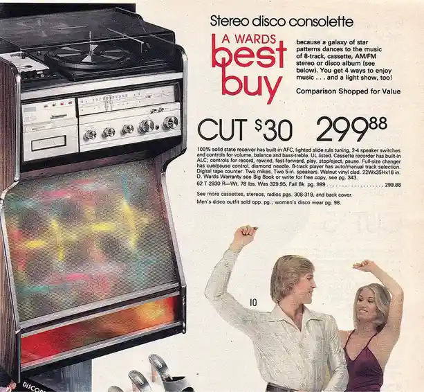 A vintage 1970s Wards department store advertisement for a 'Stereo disco consolette,' a large black-and-wood audio system…