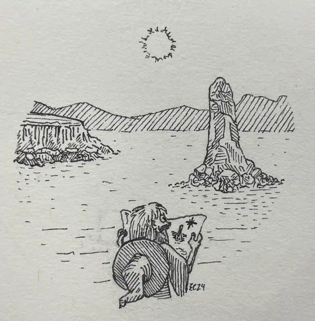 A black-and-white ink drawing shows a bearded man with long hair sitting on a rocky shore, hunched over a book with a star…