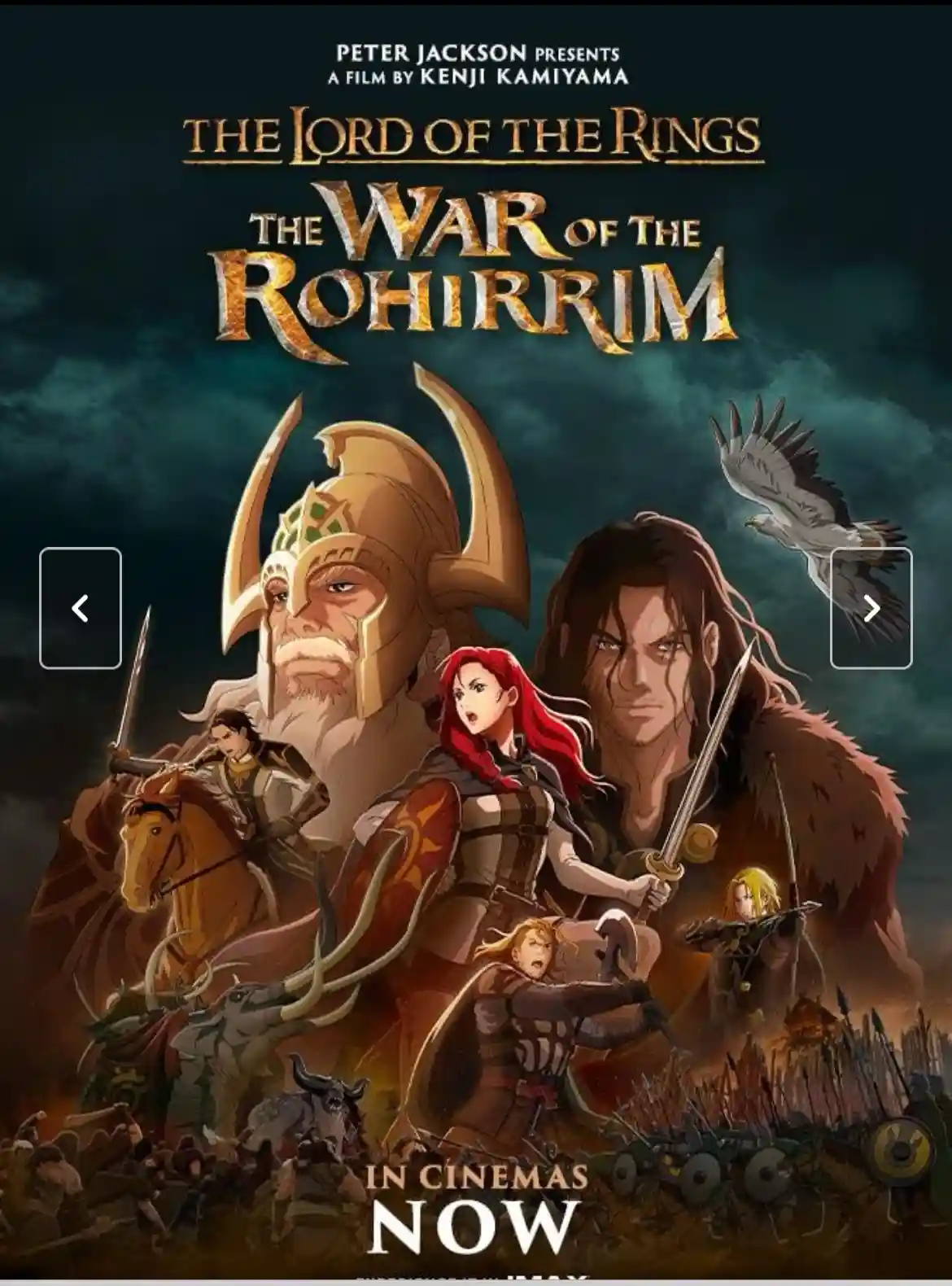 This image is a movie poster for 'The Lord of the Rings: The War of the Rohirrim,' featuring animated characters in armor…