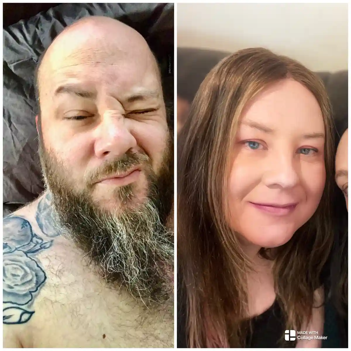 A side-by-side image shows a bald man with a long beard and tattoos making a winking, squinting face on the left, and a…