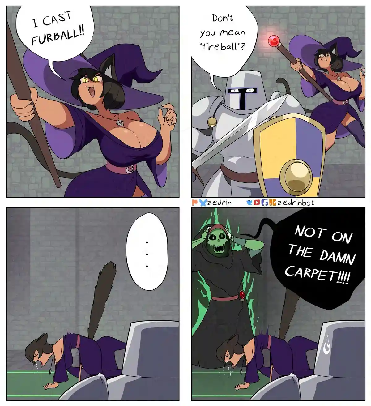 A four-panel comic shows a witch in purple robes casting a spell, mispronouncing "fireball" as "furball". A knight questions…