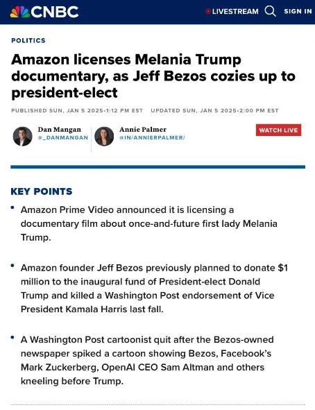 A screenshot of a CNBC news article titled 'Amazon licenses Melania Trump documentary, as Jeff Bezos cozies up to…