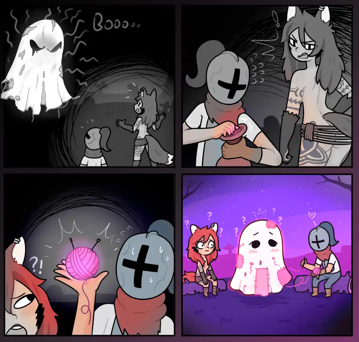 A four-panel comic shows a ghost scaring a girl, then a masked person and a wolf-like girl working together to fix the ghost…