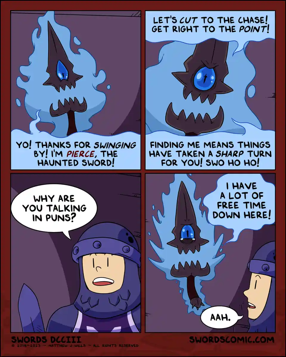 A four-panel comic shows a knight encountering a haunted sword named Pierce, who introduces himself and then delivers puns…