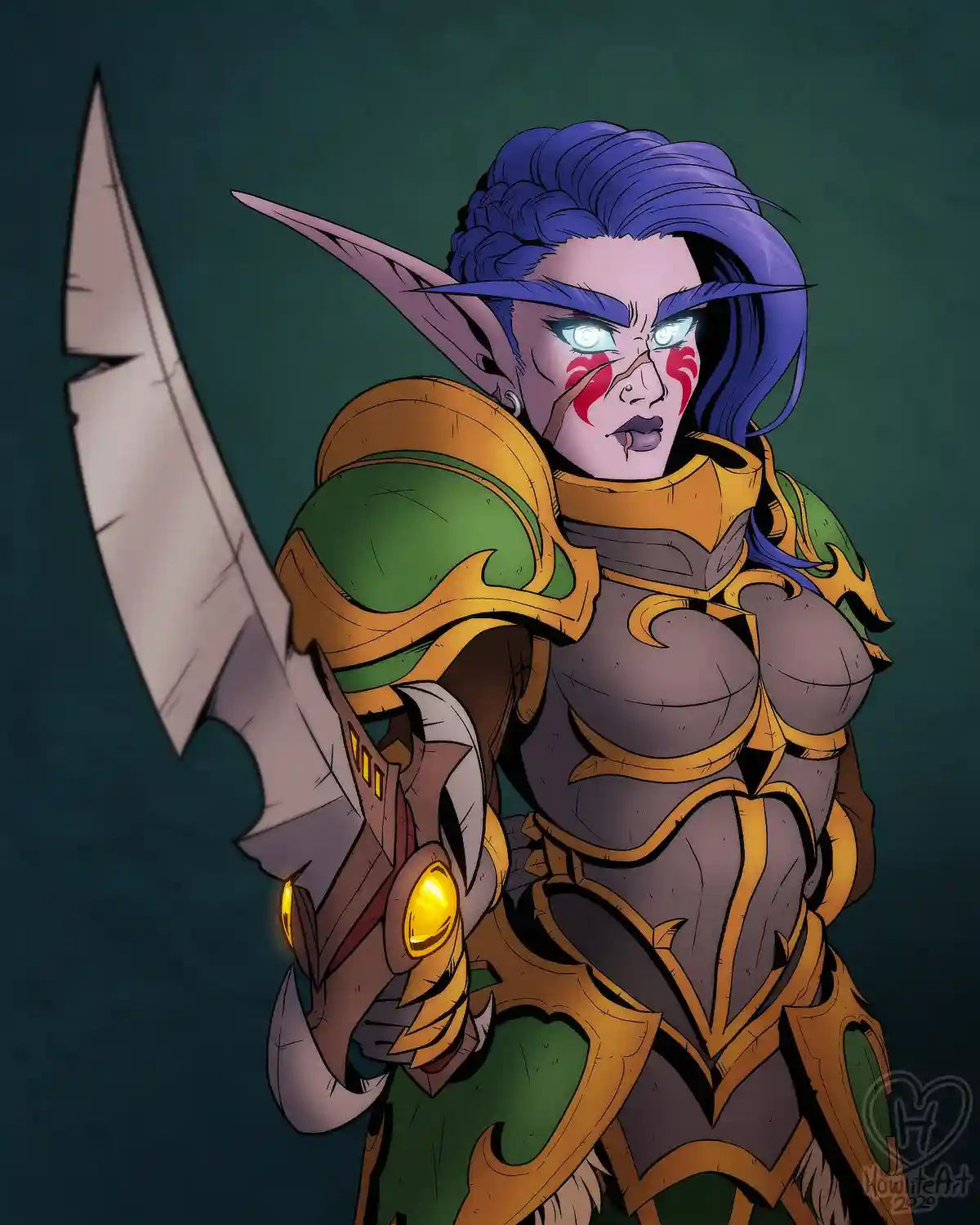 A female elf warrior with blue hair, glowing eyes, and red face paint wears ornate gold and green armor while holding a…