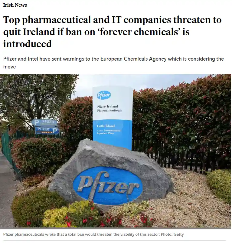 An outdoor photo shows a Pfizer Ireland Pharmaceuticals sign at a facility, with a large rock bearing the Pfizer logo in…